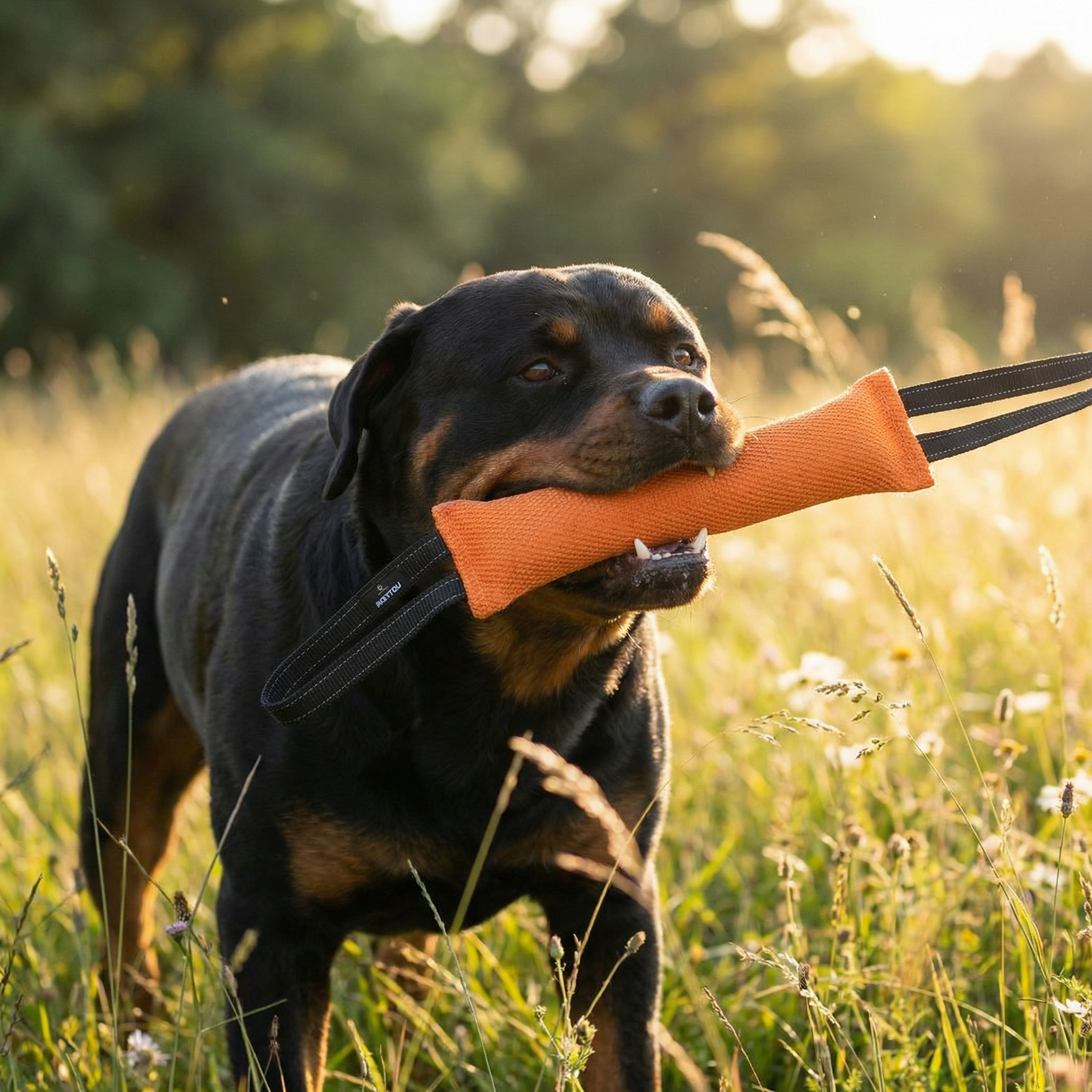 Rottweiler mit oranger Beißwurst