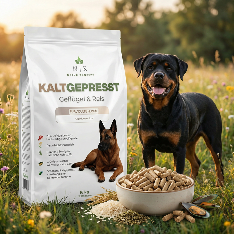 Rottweiler mit Hundefutter Sack