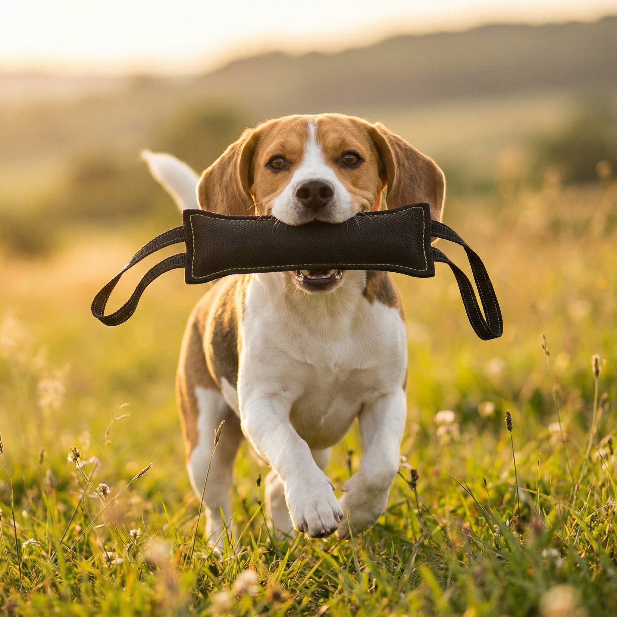 Hund spielt mit Beißwurst in schwarz Hundespielzeug  auf der Wiese 
