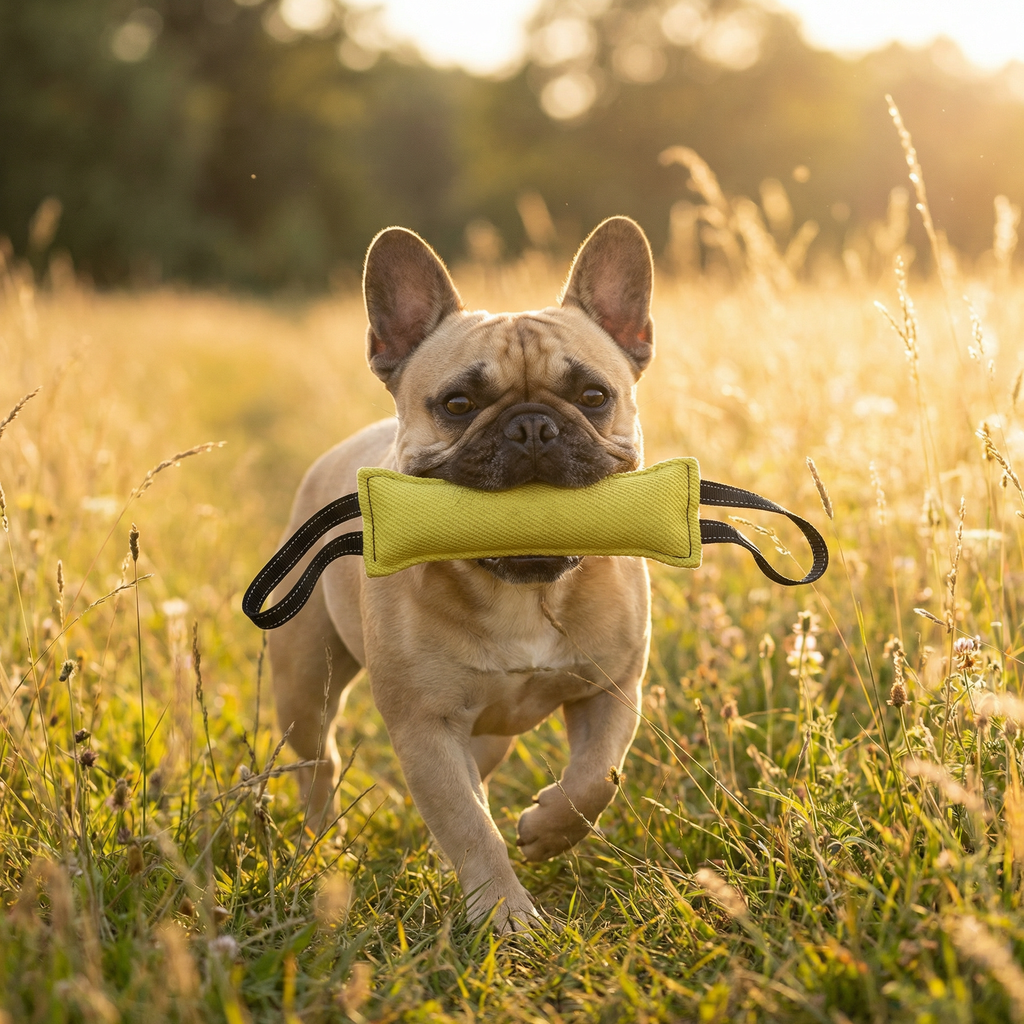 Hund spielt mit Beißwurst in gelb Hundespielzeug  auf der Wiese 