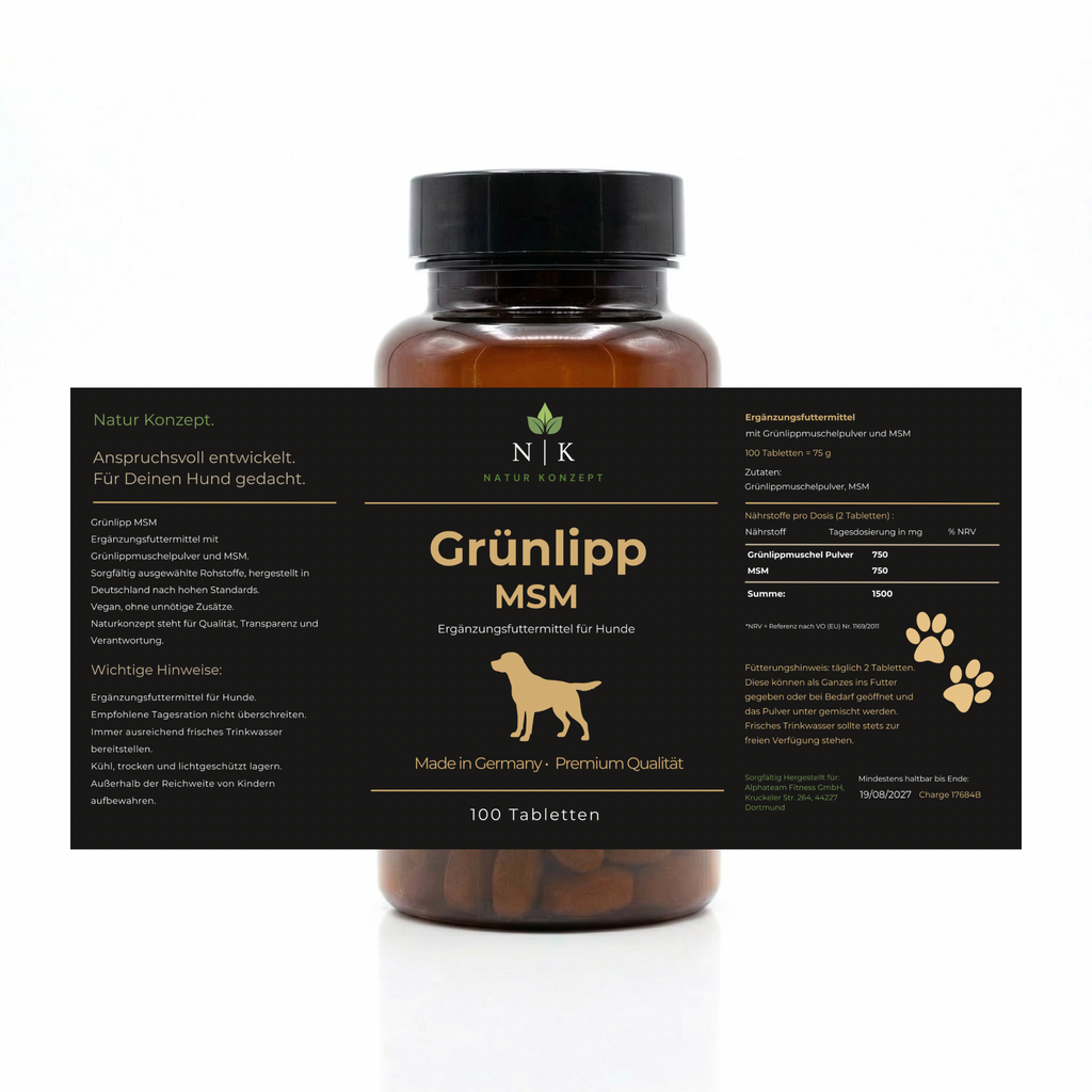 Grünlipp MSM Ergänzungsfuttermittel für Hunde mit Grünlippmuschel Etikett