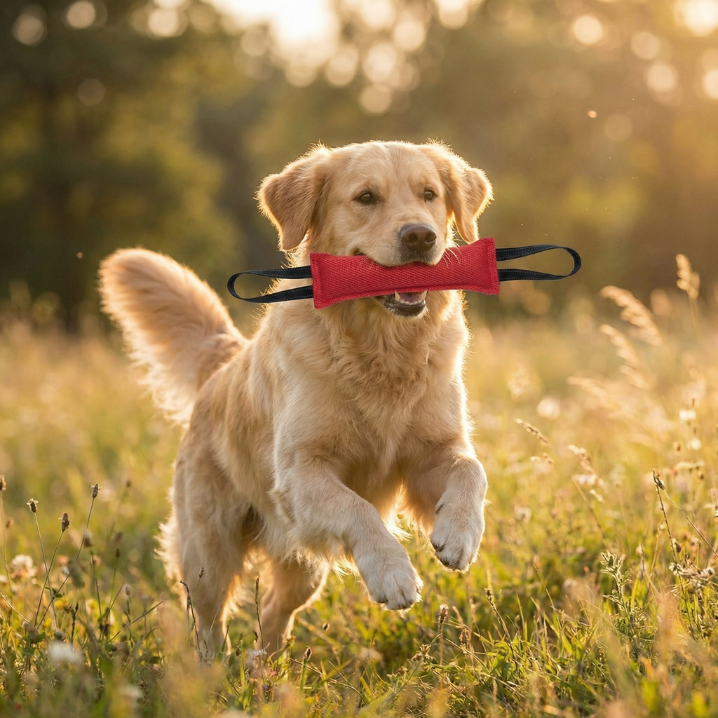 Hund spielt mit Beißwurst in rot Hundespielzeug  auf der Wiese 