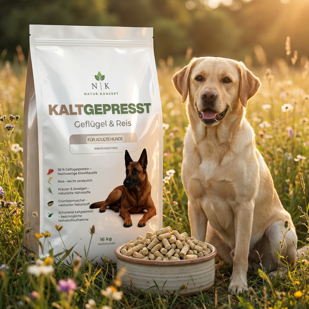 Kaltgepresstes Hundefutter für Hunde mit Geflügel und Reis - 16 kg Sack