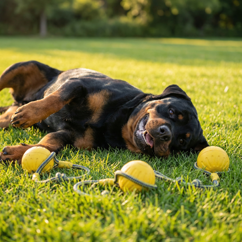 Hund spielt mit Ballspielzeug auf der Wiese