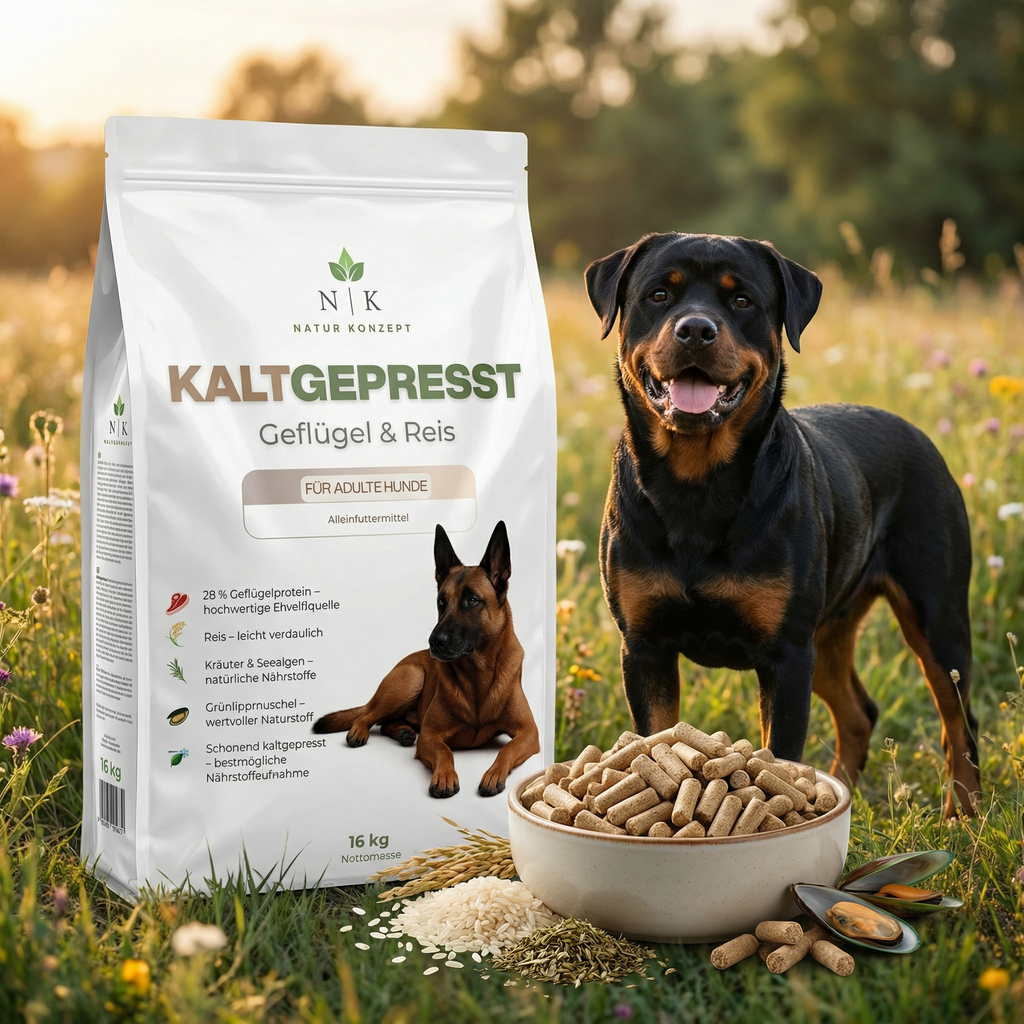 Kaltgepresstes Hundefutter für Hunde mit Geflügel und Reis - 16 kg Sack