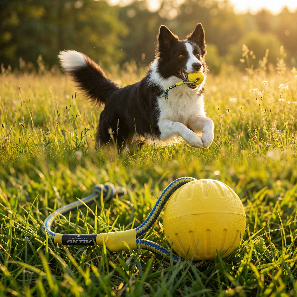 Hund spielt mit Ballspielzeug auf der Wiese
